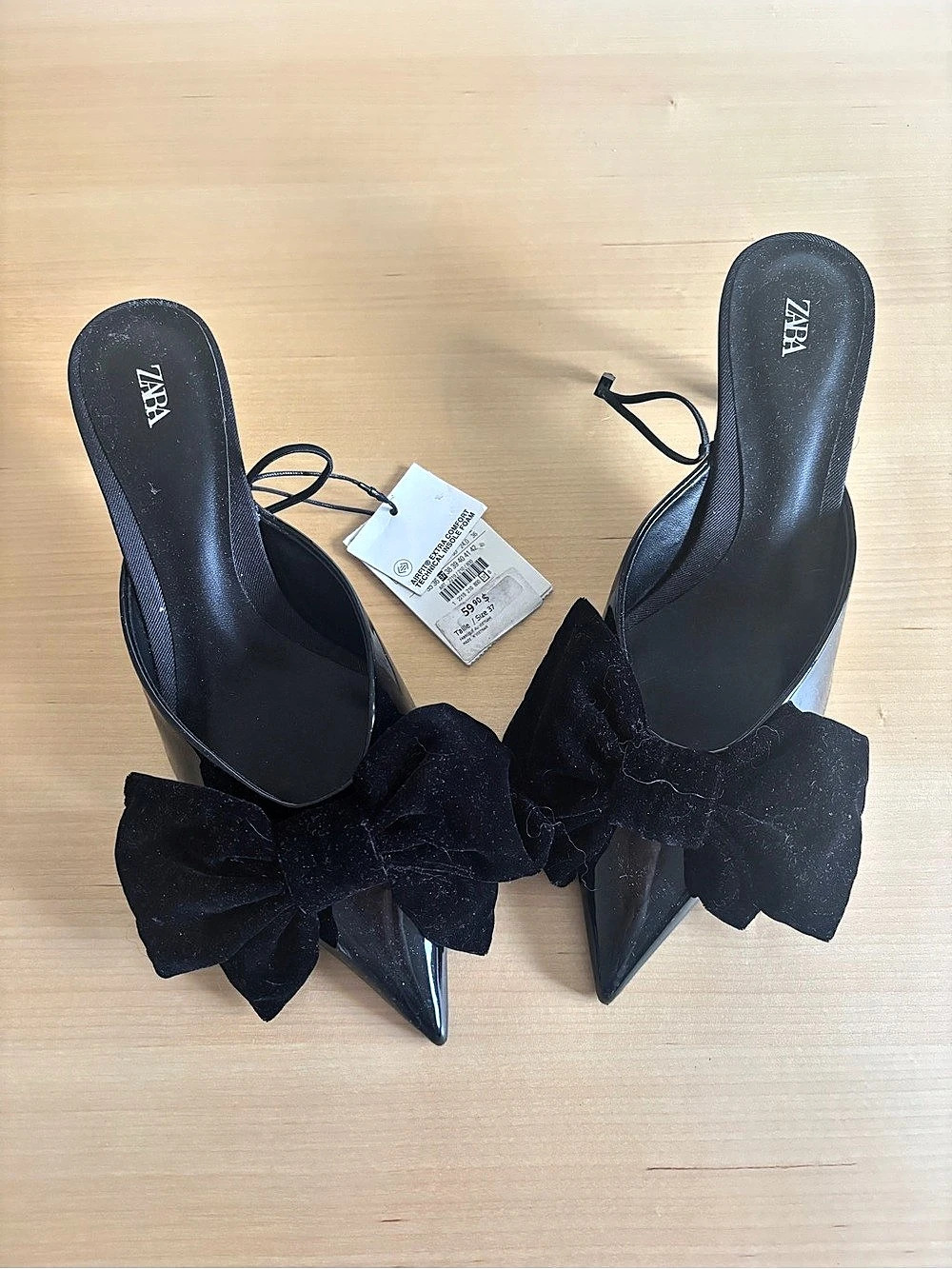 Zara Heeled Mules with Bow Pointed-Toe Heels in Black US 9